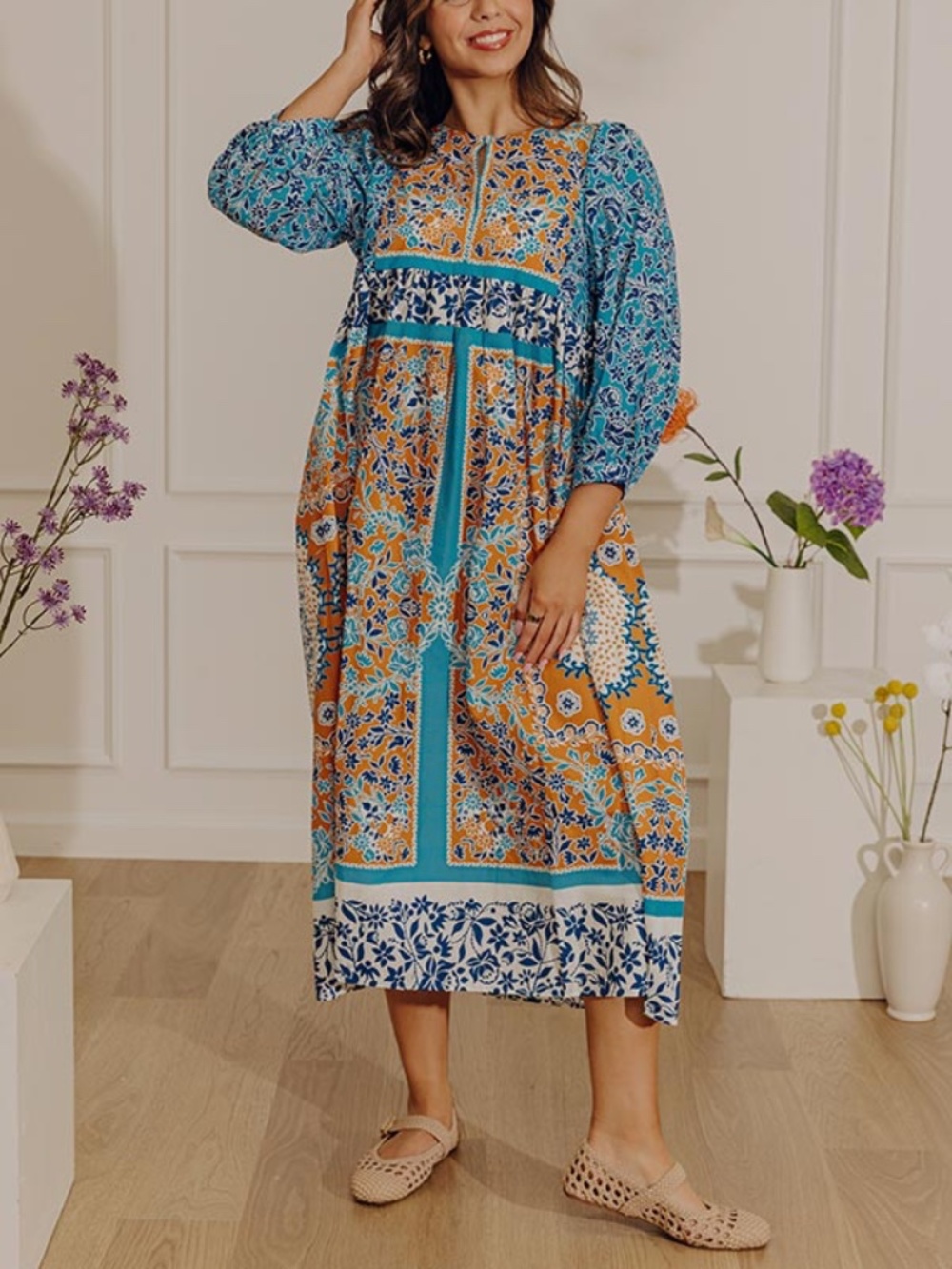 NWT Current Air Printed Split Round Neck 3/4 Dolman Sleeve Empire Waist Dress